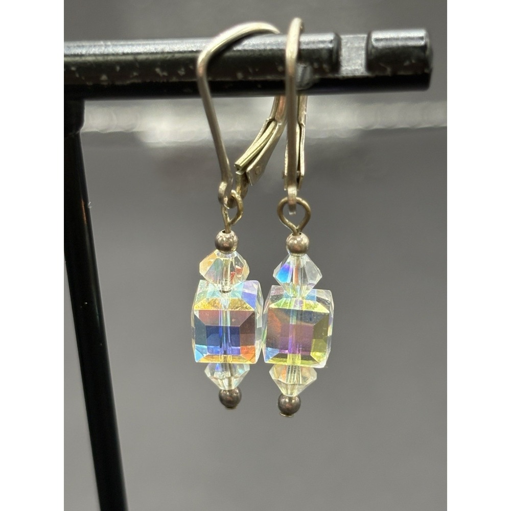 Vintage Sterling Silver Aurora Crystal Dangle Earrings 925 F24